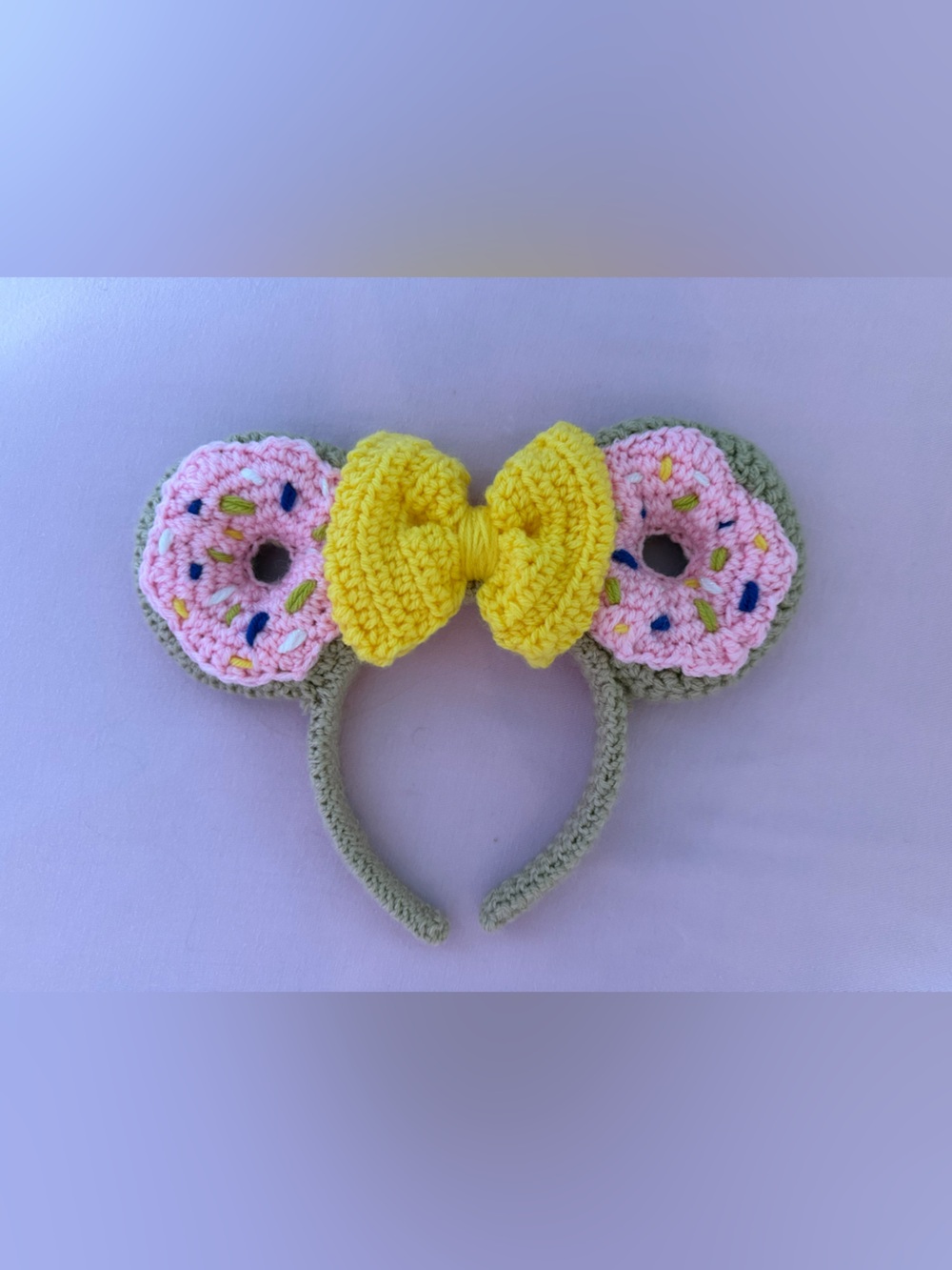 Handmade Pink Donut Crochet Knit Minnie Ears with Yellow Bow